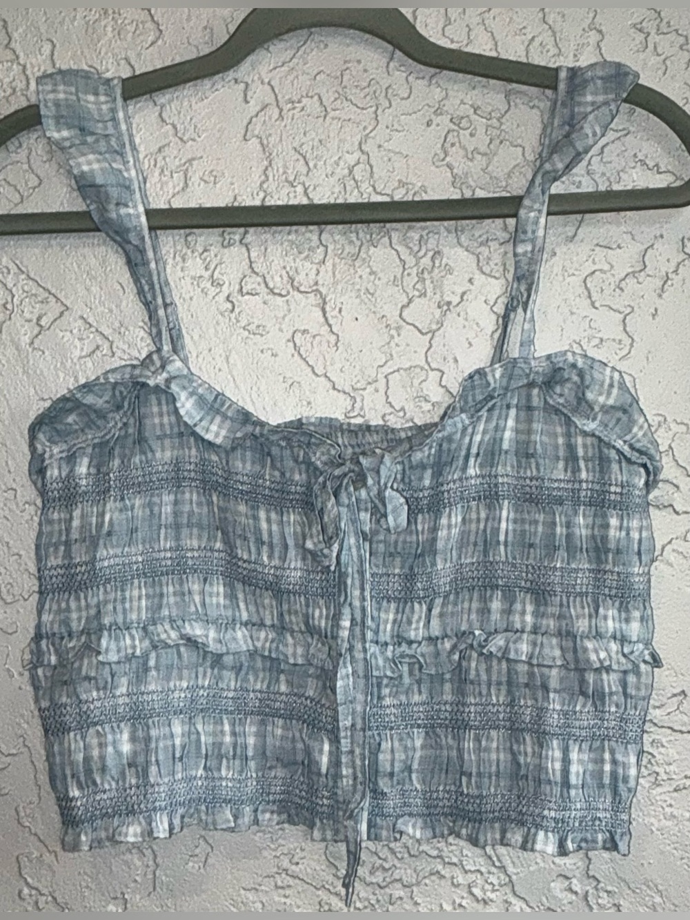 American Eagle Outfitters Blue Checkered Ruffle Cropped Blouse